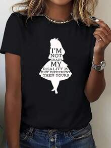 Stylish Women's T-Shirt With A Whimsical Alice Silhouette Print, Perfect For Casual Wear In Spring, Summer, And Autumn. Suitable For Everyday Leisure, The Office, Semi-Formal Occasions, Running, Elegant Parties, And Festive Celebrations. - 黑色 - 查看 1