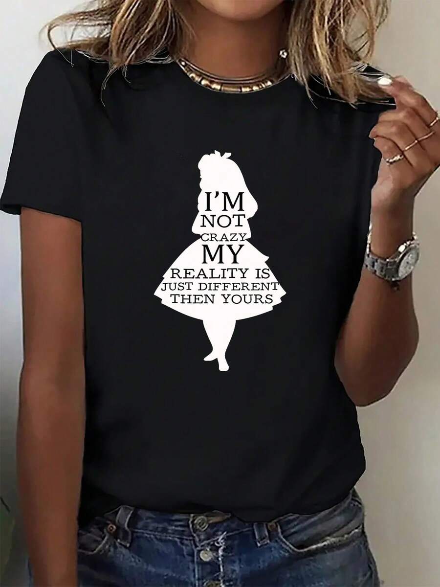 Stylish Women's T-Shirt With A Whimsical Alice Silhouette Print, Perfect For Casual Wear In Spring, Summer, And Autumn. Suitable For Everyday Leisure, The Office, Semi-Formal Occasions, Running, Elegant Parties, And Festive Celebrations. - 黑色 - 查看 1