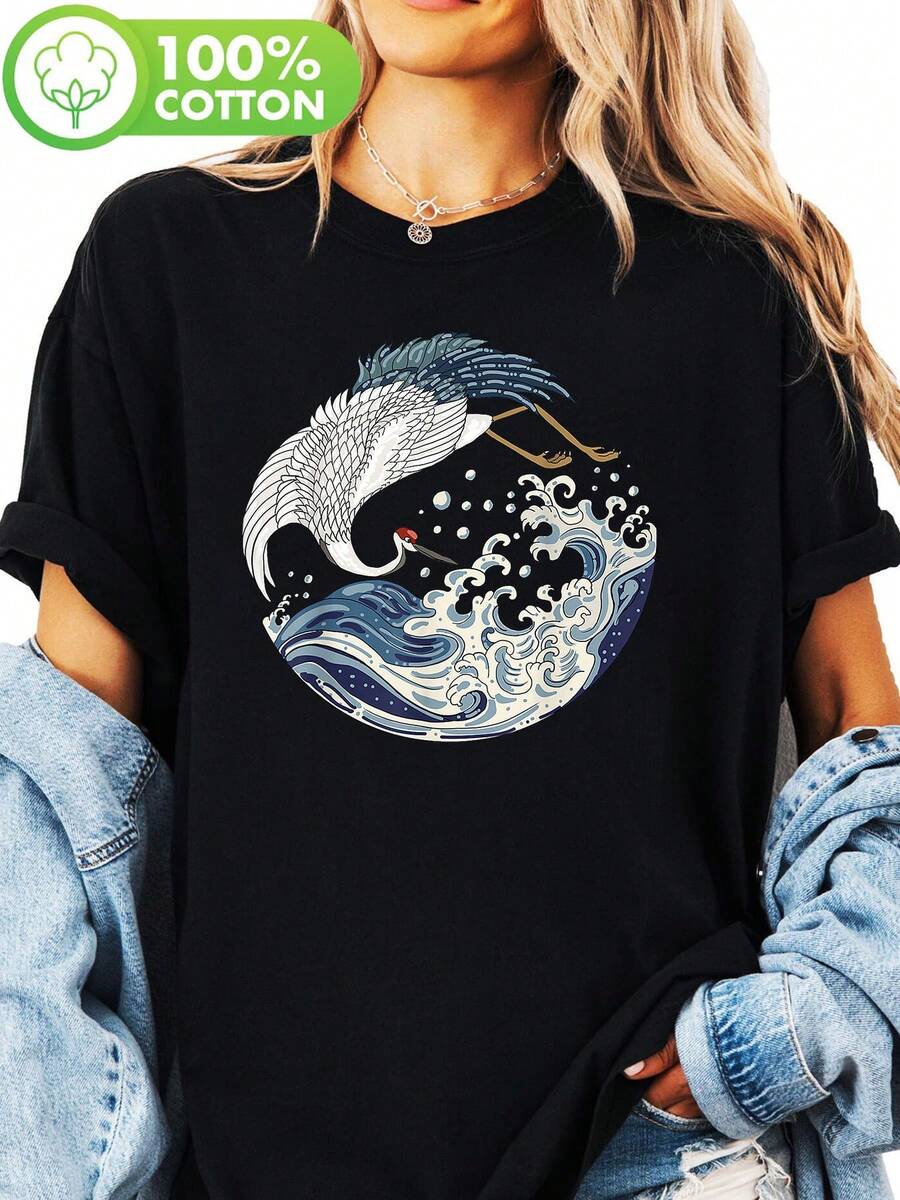 Blue And White Waves And Flying Cranes Form A Circle, APANES Vintage Printed T-Shirt Of Giant Waves And Sea Crane Bird, Casual Short Sleeve Round Neck Top, For Summer And Spring, Women's Blouses. - 黑色 - 查看 1