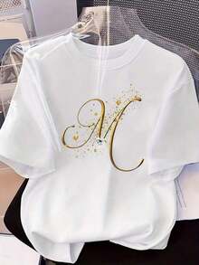 Soft 100% Cotton Women's Short-Sleeved Casual T-Shirt - Printed With The Letter M, Regular Fit, Round Neck, Suitable For All Seasons, Women's Clothing, Breathable Cotton T-Shirt, Matches Everything. - 白色 - 查看 1