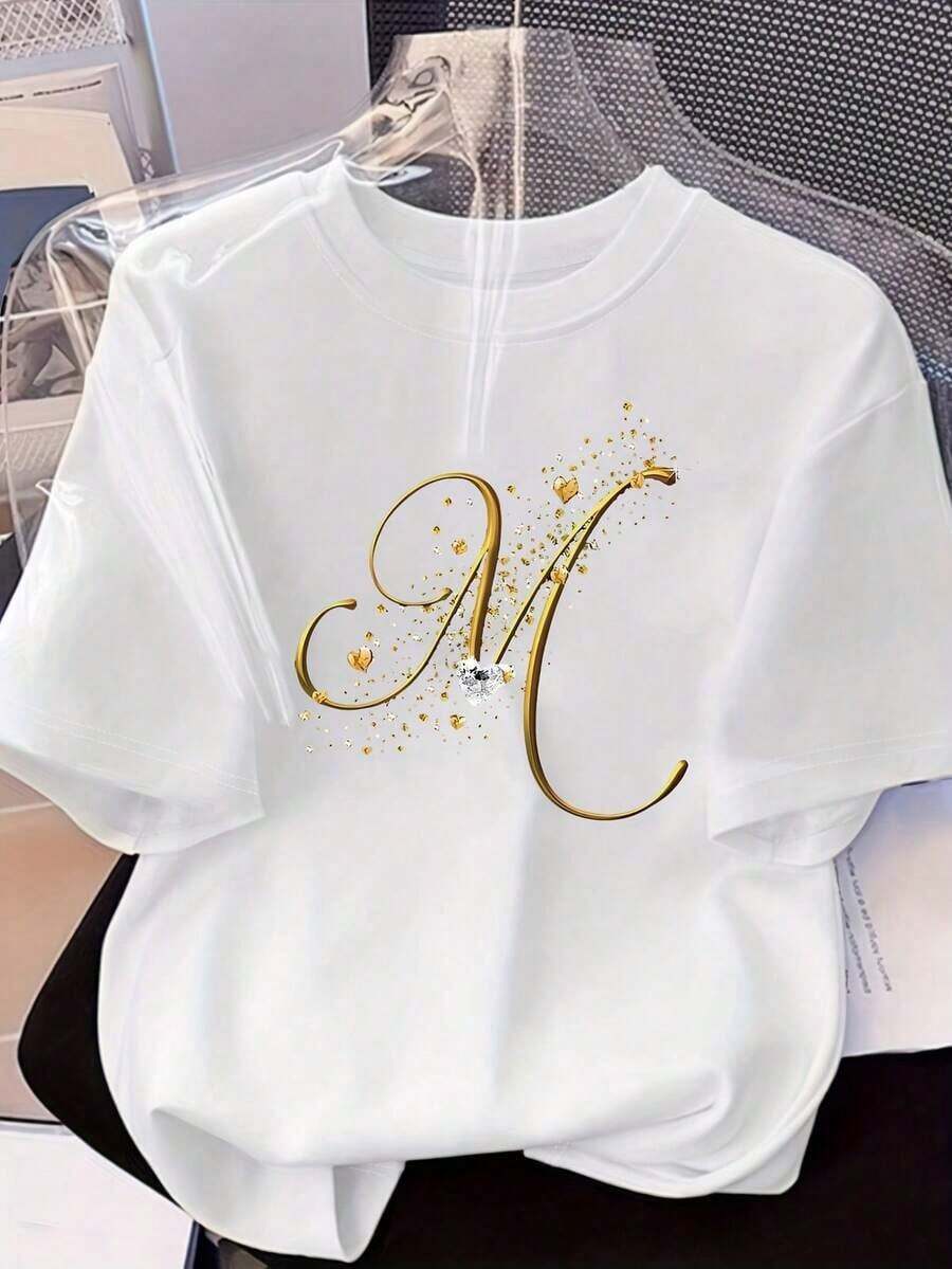 Soft 100% Cotton Women's Short-Sleeved Casual T-Shirt - Printed With The Letter M, Regular Fit, Round Neck, Suitable For All Seasons, Women's Clothing, Breathable Cotton T-Shirt, Matches Everything. - 白色 - 查看 1