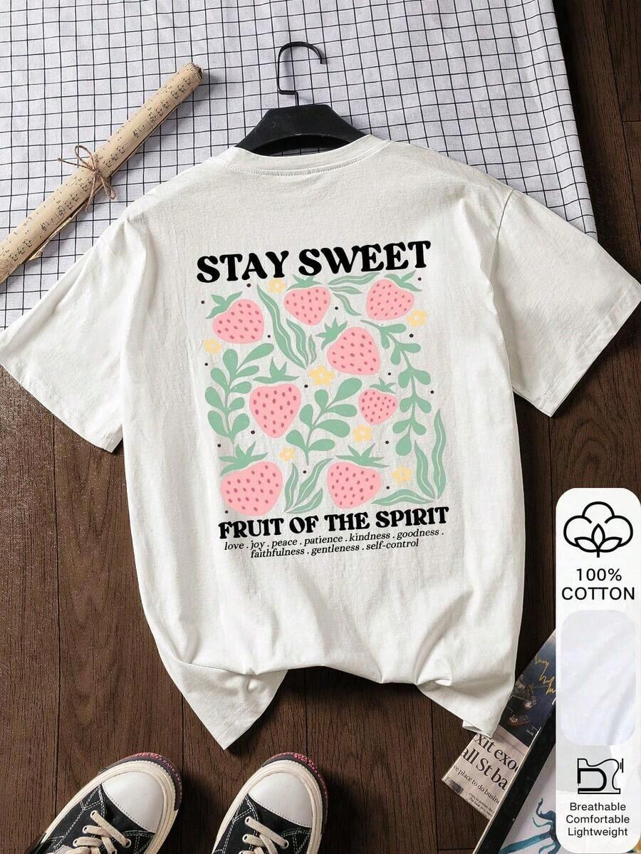 Camisetas Holgadas de Verano para Mujer, Estampado STAY SWEET y Fresas,% Algodón, Camiseta Gráfica Blanca de Manga Corta|Moda Urbana Local de Primavera/Verano||Uso Casual Diario Primavera Verano Moderno Moldeador|Conjunto de verano para mujer, ropa para vacaciones|Blusas elegantes para mujer, ropa de primavera, blusas de verano. - Blanco - Ver 1