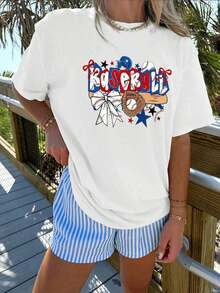 1 Piece Of Women's Casual Short-Sleeved Crew Neck T-Shirt With "Baseball Mom" Print, Suitable For Spring And Summer Wear. 180g 100% Cotton. - 白色 - 查看 8