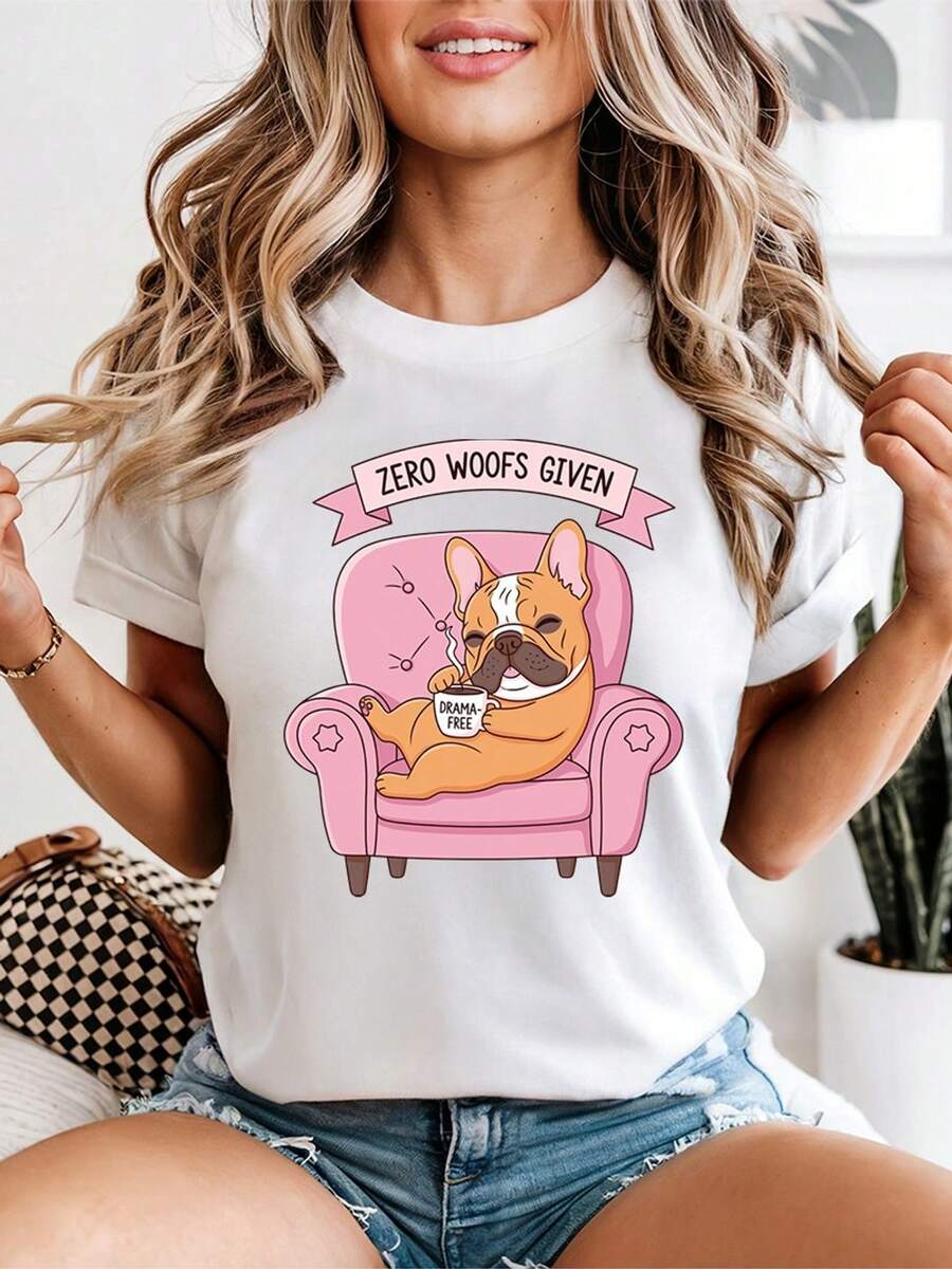 Women's "Zero Woofs Given" T-Shirt With A Fun French Bulldog Graphic And Slogan For Dog Lovers, For Casual Wear - 白色 - 查看 1