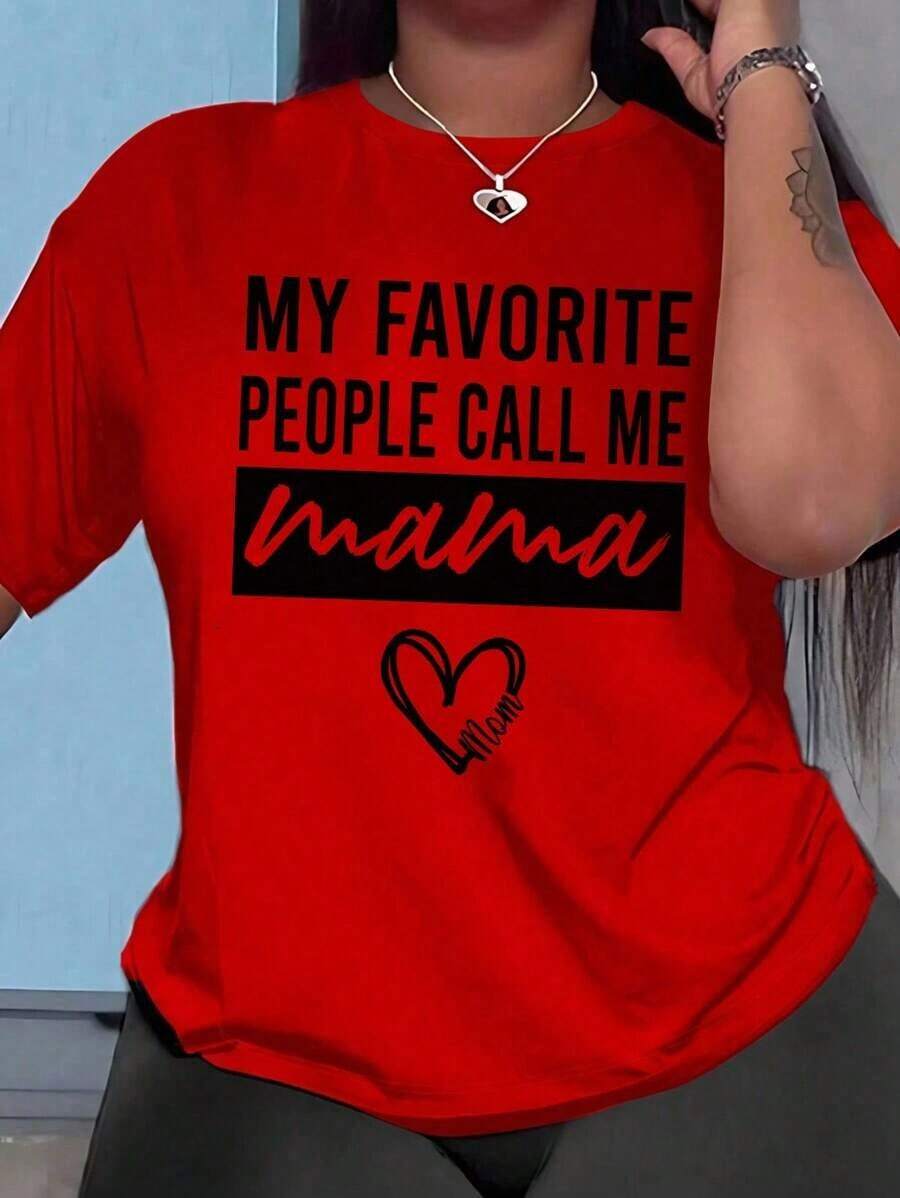 Plus Size Slogan Print Short Sleeve T-Shirt, MY FAVORITE PEOPLE CALL ME Mama, Women's Graphic Tees, Unisex Tops, Suitable For Casual Daily Outings, Summer Short Sleeve T-Shirt, Retro Y2K Print T-Shirt. - 紅色 - 查看 1
