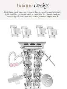 1PC Luxury Silver Multi-Layer Cuban Link AppleWatch Band, Bling Rhinestone Heart & Circle Charm Strap, Compatible With Ultra/SE/11/10/9/8/7/5/4/3/2/1 Series, And Ultra2/Ultra/SE/38/40/41/42/44/45/46/49mm, Fashion Metal Double Chain Heart-Shaped Key Pendant Watch Strap,Can Be Used As A Bracelet Or Wristband As A Gift For Girlfriends, Suitable For Occasions Such As New Year, Christmas, Birthdays, Etc. Band Only, Watch And Case Not Included - Silver - View 5