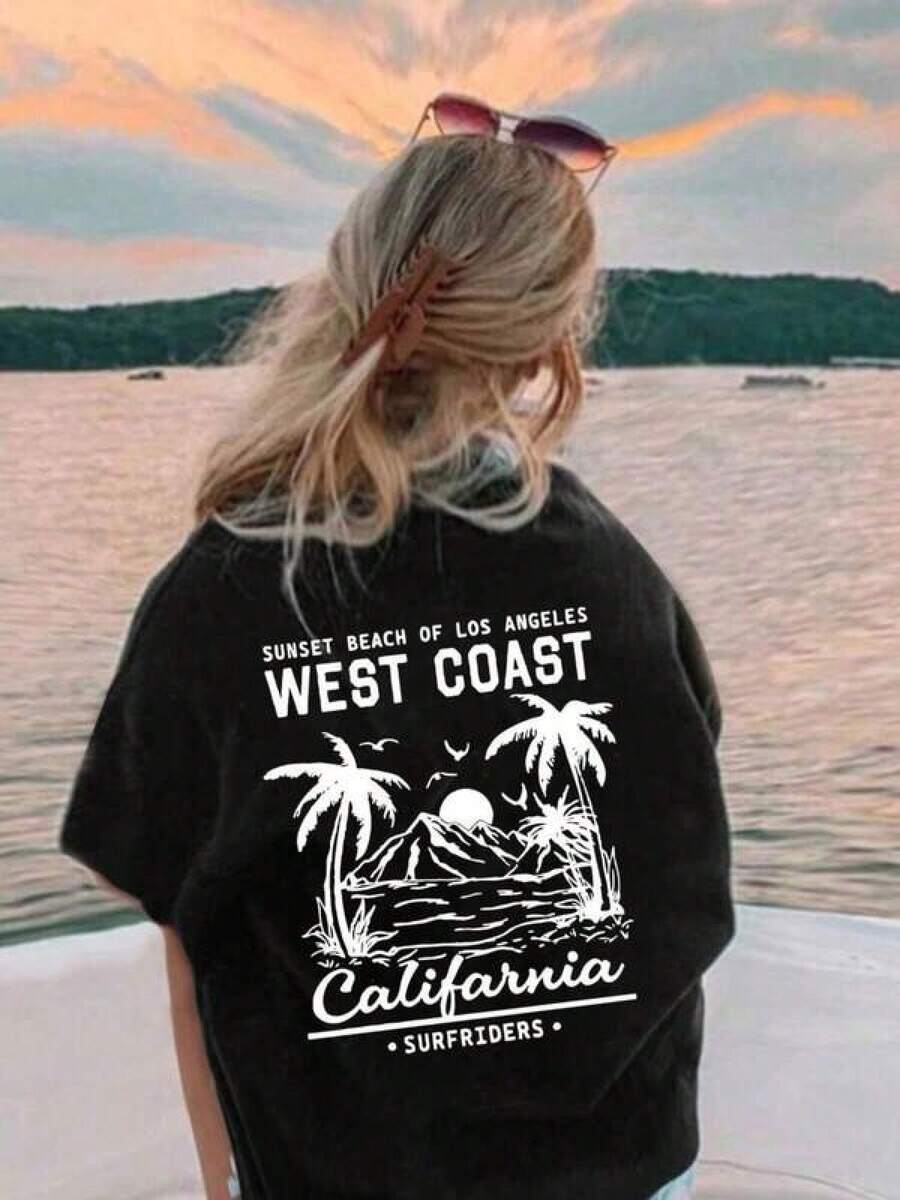 100% Algodón Premium 180g : Camiseta única y moderna estilo y2k con diseño de playa de Los Ángeles y palmeras, perfecta para los amantes de la moda costera, ideal para resaltar tu estilo en cualquier ocasión, disfruta de las vibras del oeste, calidad y confort en una sola prenda. Ropa de Moda Casual Suave y Transpirable para Diario - Negro - Ver 1