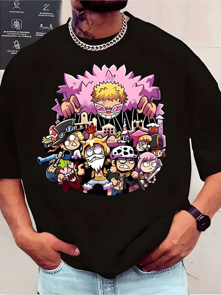 T-shirt noir à manches courtes orné d'un personnage du dessin animé One Piece, haut décontracté pour femmes et hommes - Noir - Voir 1