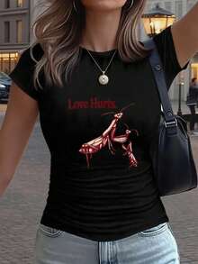 Love Hurts Women's Printed T-Shirt With Mantis Graphic - Casual Short Sleeve Crew Neck T-Shirt In Black, Slim Fit And Relaxed Cut For All Seasons, Perfect For Everyday Wear Or Holiday Outfits (Machine Washable). - 黑色 - 查看 6