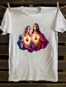 Women's Casual Crew Neck T-Shirt With A Jesus And Mary Heart Design, Soft Polyester Short-Sleeve Top, Suitable For Summer And Spring, Everyday Wear. | Bright Print Top | Comfortable Fit - White - View 7