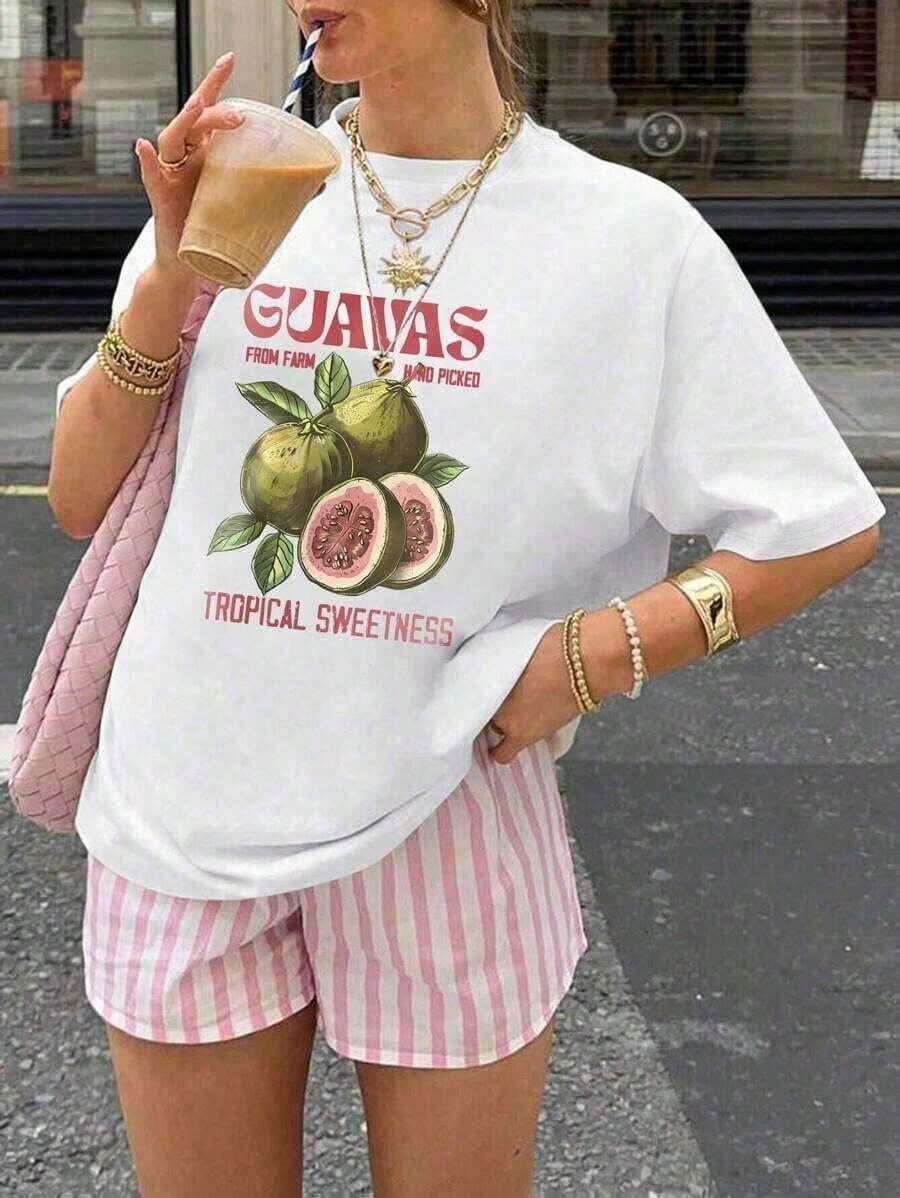 Trendy2026 Tops de Mujer, Camisetas de Verano con Estampado de Letras de Guayaba, Cuello Redondo, Manga Corta, Estilo Casual, Camisetas Gráficas, Ropa de Verano para Mujer, Conjuntos de Verano para Mujer, Ropa de Vacaciones para Mujer, Ropa de Uso Diario. - Blanco - Ver 1
