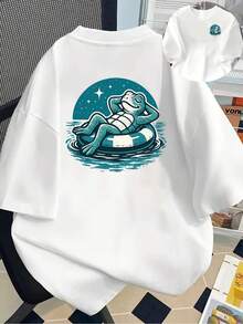 | Exquisite Design | Loose And Comfortable | Easy To Match | Short-Sleeved Printed T-Shirt With Designs On The Front And Back - Frog, Inflatable Float -  Printed T-Shirt For Women, Spring/Summer, Your Best Choice! - 白色 - 查看 8