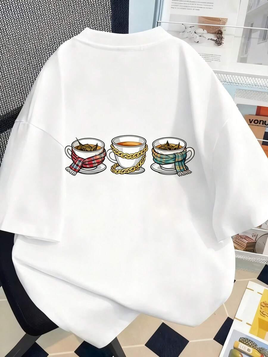 | Exquisite Design | Loose And Comfortable | Easy To Match | 1 Piece Of Women's Winter Clothing, A Cute Casual Winter T-Shirt With Teacup Print, Suitable For Tea Lovers, Round Neck, Short Sleeve, Fashionable Casual Top, Elegant Party Wear, Christmas Outfit, Christmas Gift, Autumn Wear, Soft Material, Printed T-Shirt. - 白色 - 查看 1