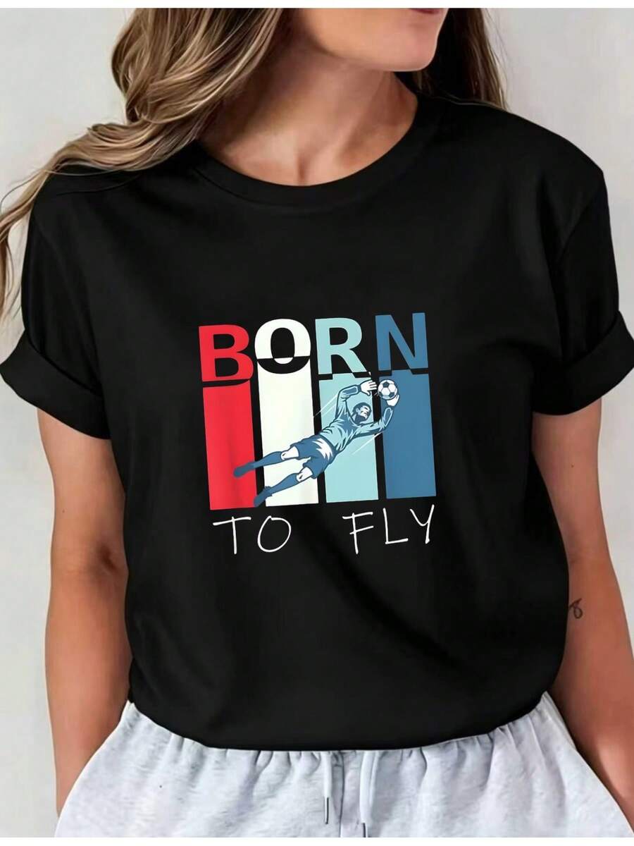 Born To Fly Women's Printed T-Shirt - Casual Short Sleeve Crew Neck T-Shirt In Black, Relaxed Fit For All Seasons, Perfect For Everyday Wear And Holiday Outfits (Machine Washable) Paired With Grey Sweatpants. - 黑色 - 查看 1