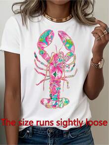 Women's Casual Sports T-Shirt With Colorful Lobster Graphic - Elastic Crew Neck T-Shirt, Loose Fit Design, Machine Washable And Suitable For All Seasons, Comfort And Style For Everyday Wear. - White - View 7