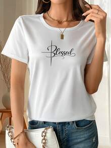 Camiseta Deportiva Casual para Mujer  - Camiseta Blanca de Cuello Redondo en Elegante Cursiva Negra, Elástica y Lavable aáquina, Ajuste Cómodo para Todas las Estaciones, para un Look Casual y Atractivo. - Blanco - Ver 1