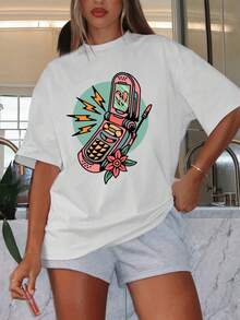 | Exquisite Design | Loose And Comfortable | Easy To Match | Women's Casual Short Sleeve T-Shirt - Vintage Flip Phone And Broken Heart Print, Slim Fit H-Line, Breathable For Spring And Summer, Matching Sets For Sisters And Outdoor Travel, Women's T-Shirt, Loose Fit, Durable Print Quality. - 白色 - 查看 8