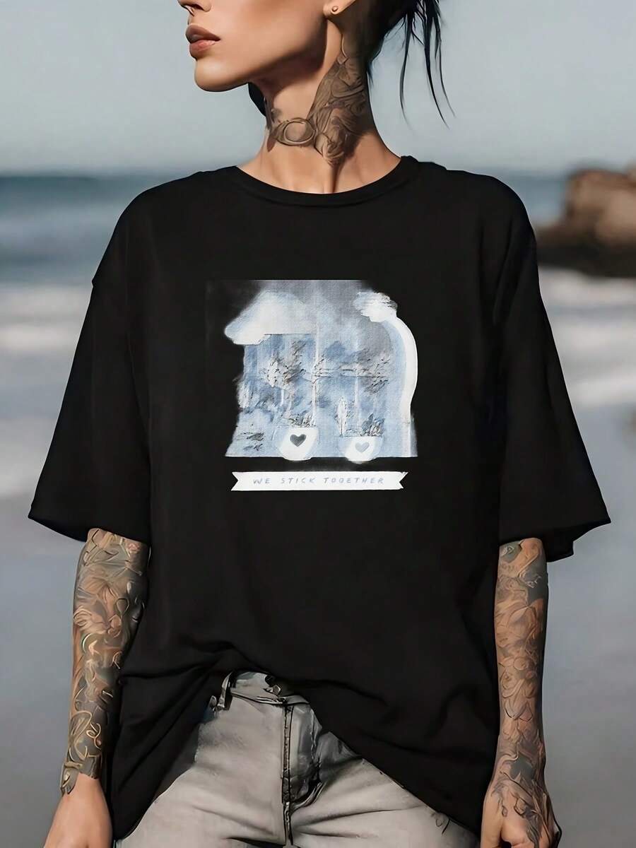 Black 180g T-Shirt "Forever Together" - Perfect For Family Gatherings, Offices, Or Corporate Team-Building Activities. | Soft And Comfortable Printed T-Shirt For Summer 2023, Ideal For Holidays And Special Occasions. - 黑色 - 查看 1