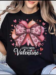 Women's T-Shirt, Little Miss Valentine T-Shirt With Pink Bow And Hearts Design For Women And Girls, Valentine's Day Gift, Romantic And Cute Outfit, Fashion Top - 黑色 - 查看 7