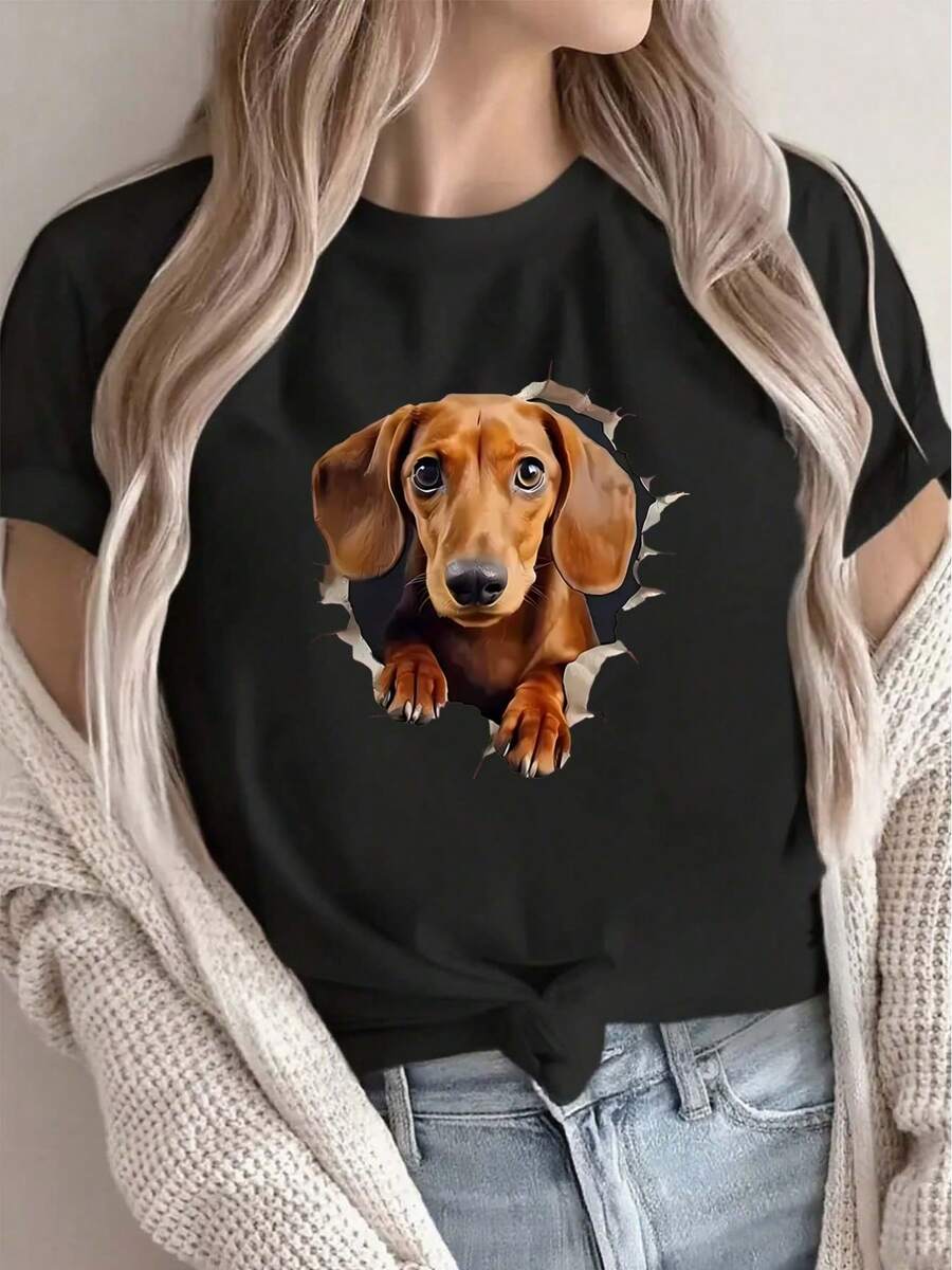 Women's T-Shirt With Adorable Dachshund Print - Soft And Lightweight, With A Round Neck And Designs Of Puppies Or Adult Dogs, Suitable For Home, Cafes Or Everyday Outdoor Use - Machine Washable Garment For Pet Lovers. - 黑色 - 查看 1
