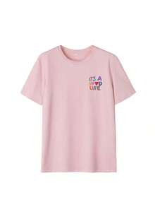 Camiseta de manga corta con cuello redondo y estampado de eslogan colorido para mujer, nuevo estilo de verano, adecuada para uso diario.Vacaciones, Camiseta Gráfica para Mujer, Top Blanco para Mujer - Rosa - Ver 5
