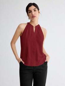 Camiseta de tirantes elegante con cuello de ojo de cerradura de unicolor, versátil para ir al trabajo, uso diario, retro romántico de los 90, adecuada para Navidad, Año Nuevo, San Valentín, fiesta, playa, graduación, moda, carnaval, vacaciones, in - Burdeos - Ver 5