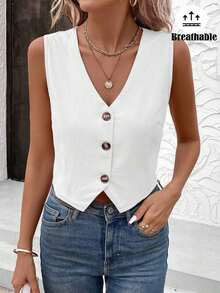 Blusa informal sin mangas de unicolor para oficina en verano, blusas sin mangas - Blanco - Ver 5