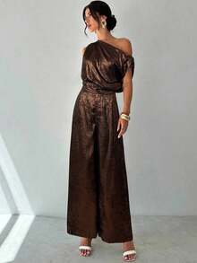 Conjunto de blusa suelta asimétrica sin hombros con baño de oro sin mangas y pantalones de pierna ancha con cintura elástica, adecuado para citas, fiestas, viajes diarios, festivales de música, ceremonias de graduación, atuendos de maestros y ocasiones formales - Marrón 2 - Ver 7