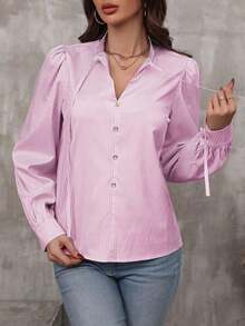 LUNE Blusa con estampado de rayas de cuello con cordón de manga farol - Rosa - Ver 3