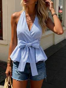 2026 Nueva llegada Blusa de mujer con estilo envolvente y detalle de lazo, patrón de rayas clásico - Versátil para uso casual diario, oficina, viajes relajados - Multicolor 8 - Ver 4