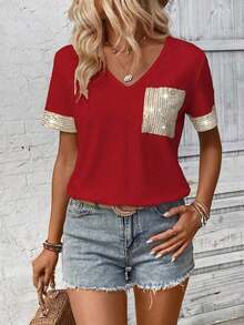LUNE Camiseta de mujer casual de manga corta con cuello en V, parches y lentejuelas - Burdeos - Ver 1