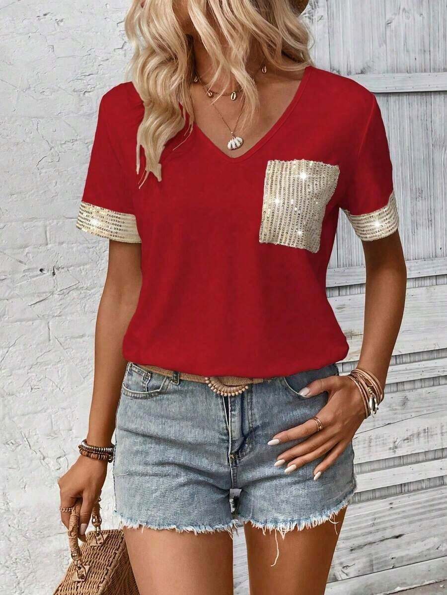LUNE Camiseta de mujer casual de manga corta con cuello en V, parches y lentejuelas - Burdeos - Ver 1