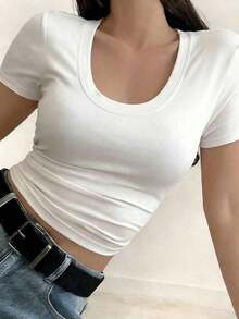 Camiseta de manga corta minimalista de unicolor para mujer, uso casual de todos los días en verano - Blanco 6 - Ver 3