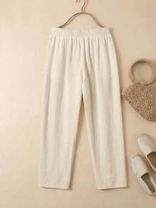 Pantalones casuales de mujer de unicolor y bolsillos minimalistas - Albaricoque - Ver 2