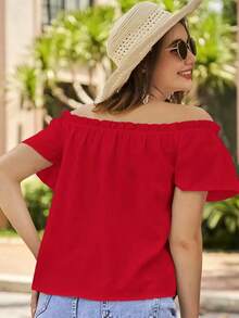 Blusa de hombros descubiertos ribete fruncido - Rojo - Ver 2