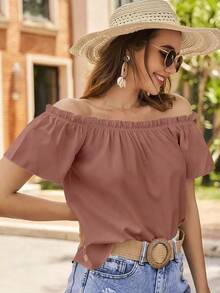 VCAY Blusa de hombros descubiertos ribete fruncido - Rosa vieja - Ver 3