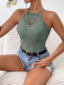 Frenchy Top sin mangas ajustado con cuello de halter y encaje de contraste para vacaciones de mujer - Verde - Ver 1