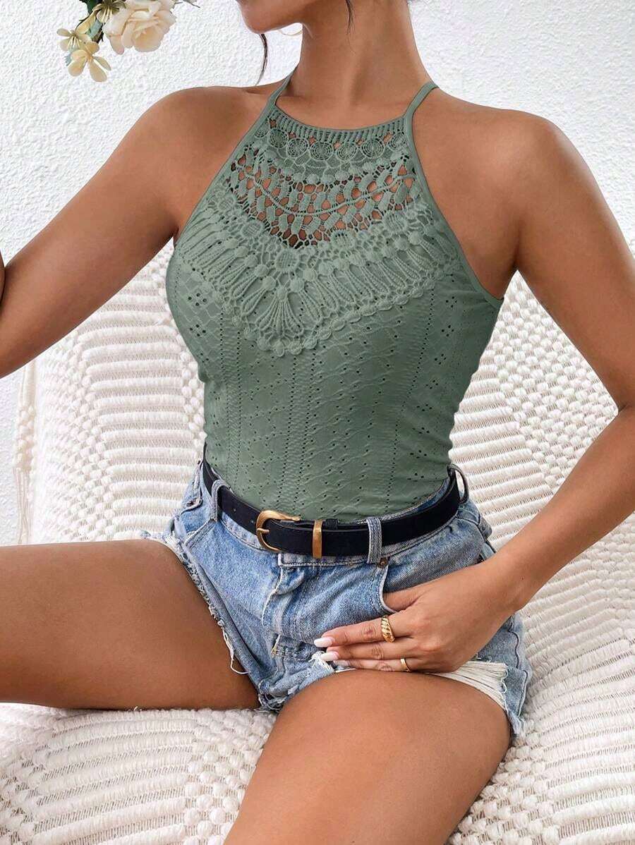 Frenchy Top sin mangas ajustado con cuello de halter y encaje de contraste para vacaciones de mujer - Verde - Ver 1