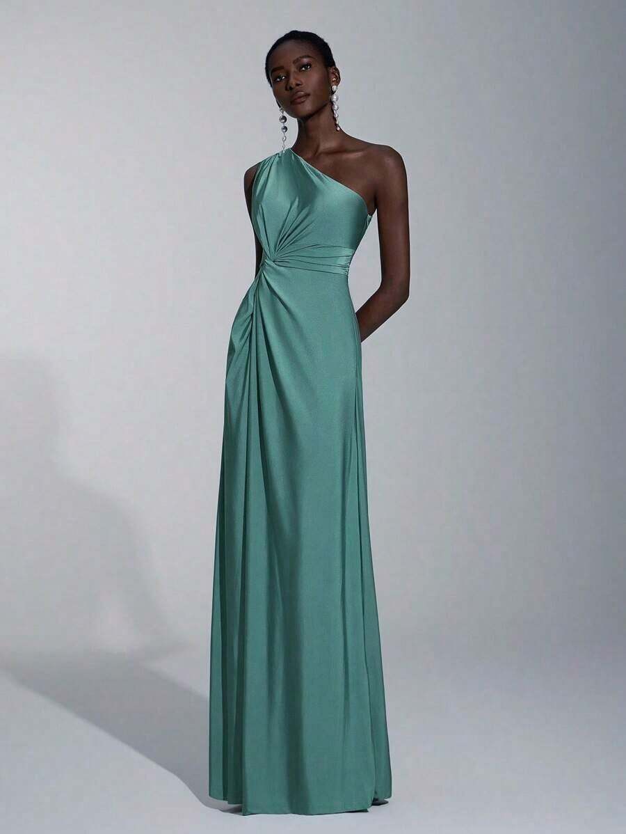 Vestido holgado de dama de honor de línea A con un hombro, de tela elástica tejida de color verde romántico y elegante - Verde - Ver 1