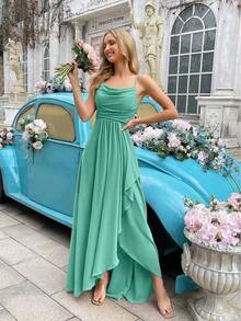 Vestido formal elegante y minimalista para mujer, vestido de dama de honor de verano, adecuado para bodas, invitados, galas, eventos formales, fiestas de compromiso, bodas de jardín - Vestido largo de dama de honor con cuello drapeado, bajo asimétrico y tirantes, unicolor, primavera - verde menta 2 - Ver 9