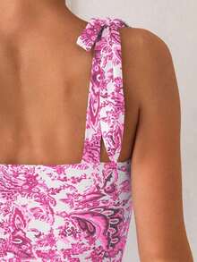 Swim Basics 1 pieza Traje de baño de una sola pieza con estampado sólido y floral y tirantes de espagueti anudados para mujer - Rosa Roja - Ver 4