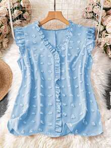 Blusa sin mangas de talla grande para vacaciones casuales con parches de puntitos suizos de mezcla de estilos y dobladillo con volantes - Azul - Ver 1