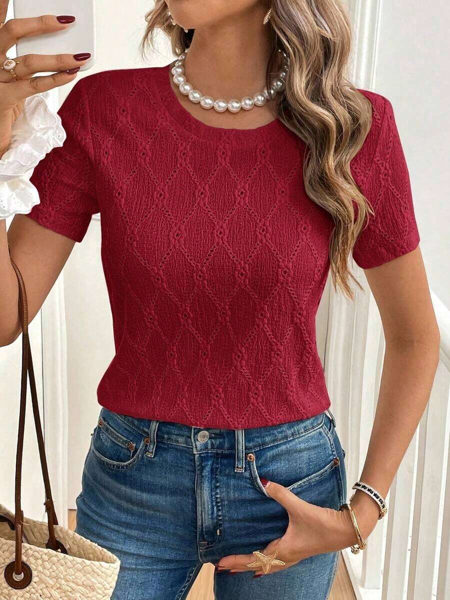 de mujer de manga corta, de cuello redondo, con bordado calado, de unicolor simple, para el verano - Burdeos - Ver 1