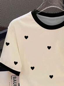 Camiseta casual versátil de manga corta con cuello redondo y estampado de corazón para mujer de talla grande - Negro 2 - Ver 4