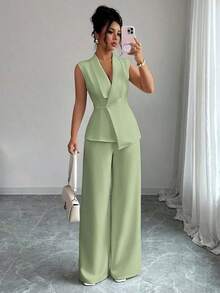Conjunto de oficina elegante para mujer, compuesto por una chaqueta blazer sin mangas con cuello y bajo asimétrico, con hebilla metálica en la cintura, combinada con pantalones de cintura elástica.Conjunto de 2 piezas elegante para primavera/verano, atuendo formal y de clase para mujer. - verde menta - Ver 3