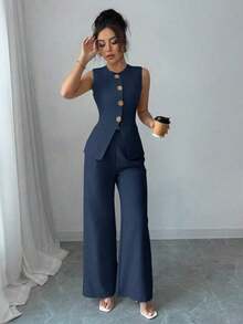 Conjunto de 2 piezas elegante estilo francés con botón con diseño de flor para tiempo libre/commuter para mujer - Azul - Ver 3