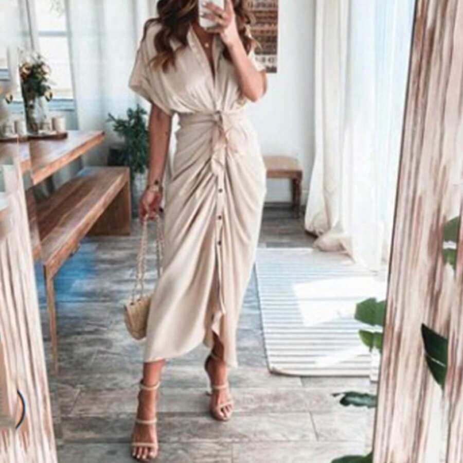 Elegant Women's Spring Shirt Dress, Sensual Print, With Adjustable Ties, Refined Style - 香檳色 - 查看 1