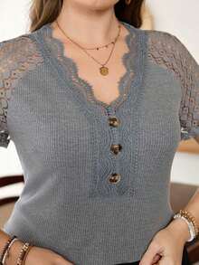 Lacomfia Camiseta de punto con parches de encaje para mujer talla grande, primavera/verano - Gris Claro - Ver 7