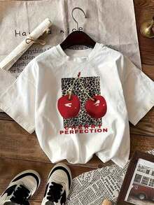 1 Piece Of Women's 'Cherry Perfect' Printed Casual T-Shirt - Short Sleeve, Round Neck, Lightweight, Suitable For Various Occasions, With A Fun Cherry And Leopard Print Design, Casual Wear. | Fun Printed Top | Lightweight T-Shirt 180g 100% Cotton - 白色 - 查看 1