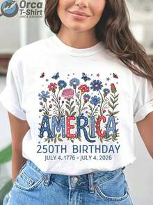 Plus Size 100% Cotton T-Shirt, Floral Design, USA 250th Anniversary - Colorful Print T-Shirt With Blue, Red And White Lettering, Butterflies And Flowers - Comfortable Casual Crew Neck T-Shirt, PLUS SIZE - Ideal Gift For Independence Day, National Day. - 白色 - 查看 1